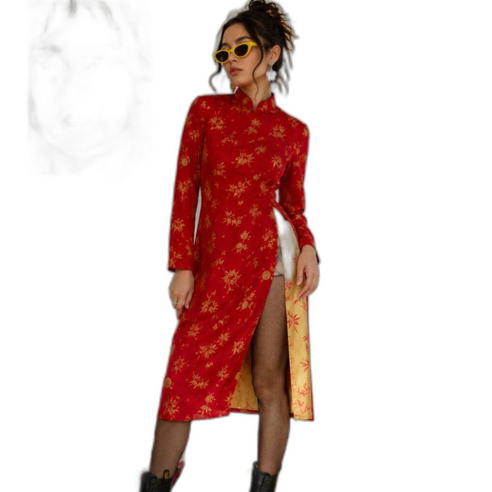 colorful Vintage Red Gold Mandarin Collar Dress | Asian Inspired bamboo
